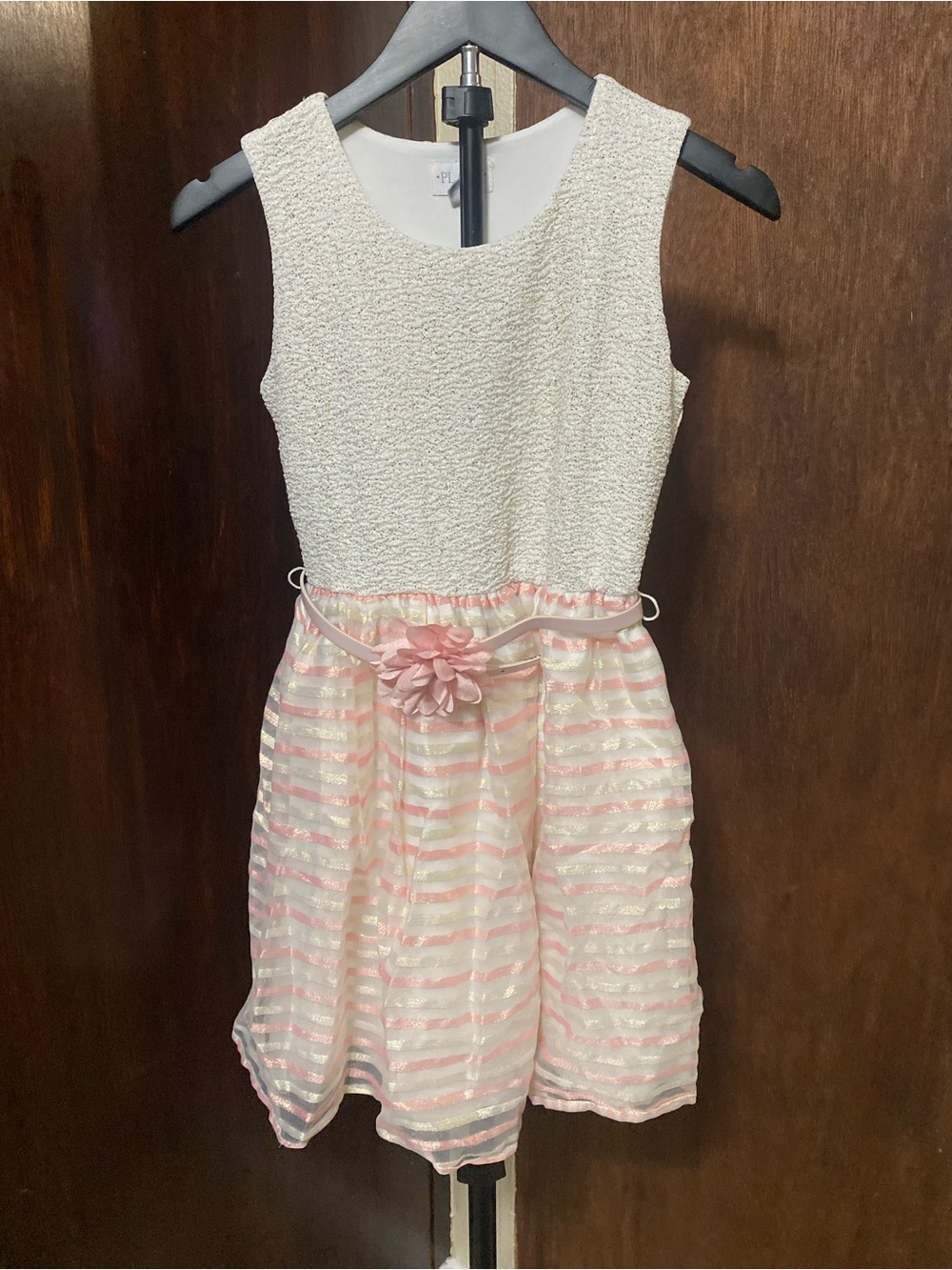 Place White & Light Pink Striped Floral Belt Party Dress